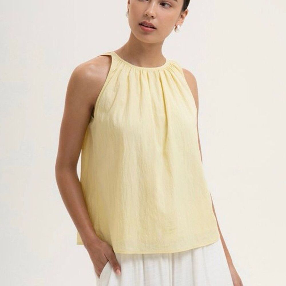 FRAME Butter Yellow 100% Linen Gathered Halter Tie Swing Tank Top M